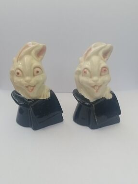 Vintage Ceramic Rabbit In Hat Salt And Pepper Shakers